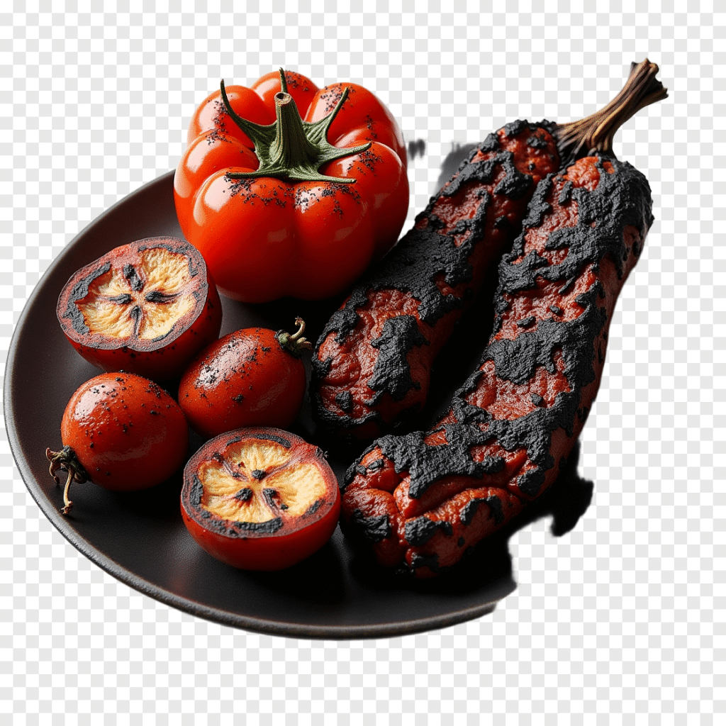 Pimentões e tomates grelhados em um prato, com pele chamuscada e textura macia, prontos para servir como acompanhamento.